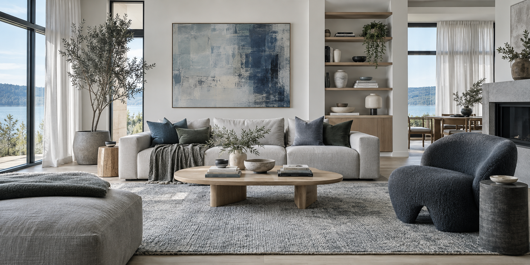 Nordic living room with grey linen sofa, blue artwork and pale oak coffee table